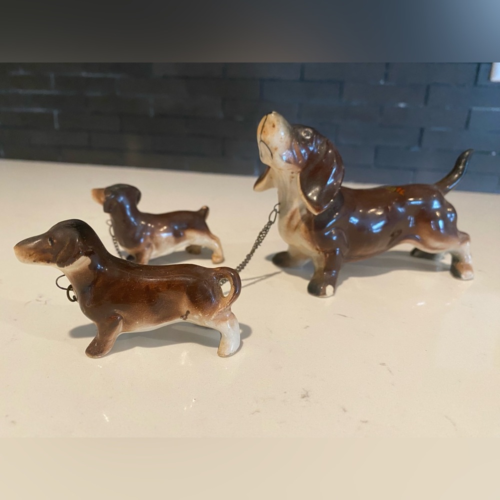 Brown Ceramic Dachshund Dog Figurine Set - Brown Decorative Pets Vintage Japan